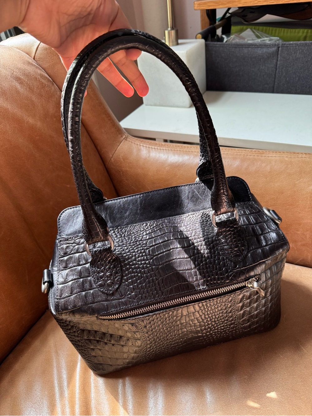 Italian croc embossed leather Classic Structured Tote hardware buckle silver - Picture 7 of 16